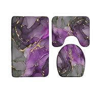Marbre Violet Et Gris Abstrait Moderne, Texture À Rayures Dorées Ombrées, Art Géométrique Luxueux À L'Aquarelle Et À L'Encre. Tapis De Bain 3Pcs, Tapis Contour Toilette Durable Housse D'Abattant
