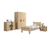 Chambre Enfant Complète Lit 90x200cm Chevet Armoire 3P et Commode Aspect Chêne - MARCO - ALTOBUY Marron G