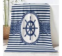 Maritime Couverture Polaire Douce et Chaude, Plaid Canapé en Flanelle Anti-Boulochage, Vintagerayuresroue De Bateau Couverture Légère Réversible Microfibre, 100 x 130 cm, Bleu et Blanc