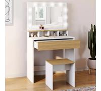 IDMarket Coiffeuse ZELIA blanc et hêtre – miroir LED, 4 niches, 1 tiroir et tabouret