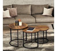 IDMarket Tables basses Hawkins – Lot de 3 gigognes rondes 30/40/45 cm bois foncé pieds métal noir