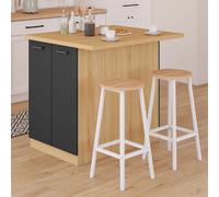 IDMARKET Ilot central IVO 100 cm bois façon hêtre portes noires avec plan de travail