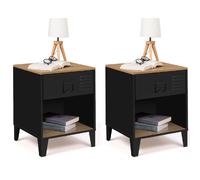 IDMarket Table de chevet Ester 1 tiroir métal noir design industriel plateau façon hêtre - Lot de 2