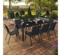 IDMarket – Salon de jardin MADRID Table 190 cm et 8 chaises empilables noires