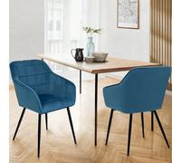 IDMarket – Lot de 2 chaises de salle à manger Mady – Velours bleu canard avec accoudoirs