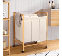 IDMarket - Panier à Linge 3 Compartiments Bambou Rita Tissu écru avec roulettes