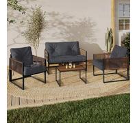 IDMarket - Salon de jardin bas Rio 4 places, métal gris anthracite, cordage rotin, coussins gris