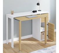 IDMarket - Bureau Extensible Ron avec Colonne de Rangement tiroir et Placard Blanc et Bois