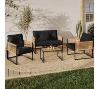 IDMarket - Salon de Jardin Bas Rio 4 Places Structure métal Noir, Cordage Effet rotin Clair et Coussins Noirs