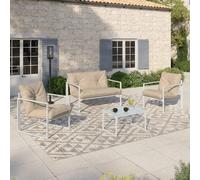 IDMARKET Salon de jardin bas NAIROBI 4 places en acier blanc et coussins beige
