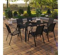 IDMarket – Salon de jardin Madrid – Table 150 cm et 6 chaises empilables – Noir