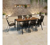 IDMarket - Salon de Jardin NOUMEA Table 190 cm Plateau Verre trempé Effet Bois et 8 chaises empilables Noir et Bois