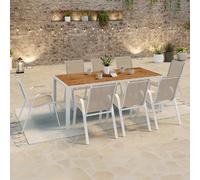 IDMarket Salon de jardin NOUMEA Table 190 cm Plateau verre trempé effet bois 8 chaises Blanc et Bois