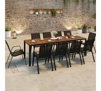 IDMarket Salon de jardin NOUMEA – Table 240 cm verre trempé effet bois + 10 chaises noir/bois