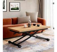 IDMarket – Table basse Urbana – 2-en-1 relevable en table à manger, plateau façon hêtre, pieds noirs