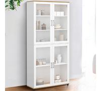 IDMarket – Vitrine buffet haut VITO 4 portes vitrées Blanc et bois H.176 cm
