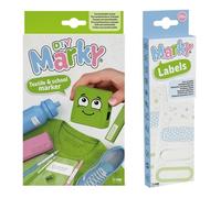MARKY Set de tampons en vert, avec encre noire pour écrire sur différents objets et vêtements, y compris set d'étiquettes thermocollantes, 28 pièces iron-on labels, 7 motifs chacune