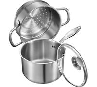 Marmite 2,37 L - Marmite à soupe/lait en inox - Avec couvercle en verre - Insert vapeur - Poignée ergonomique - Lavable au lave-vaisselle - Argenté