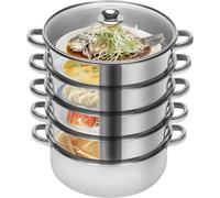 Marmite à vapeur - 5 étages 26 cm - Acier inoxydable - Couvercle en verre et poignées - Pour cuisinières à gaz et électriques - Ronde - Argent