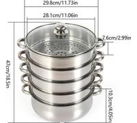 Marmite à vapeur 5 étages, 30 cm, inox avec couvercle en verre, gris foncé