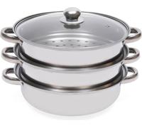 Marmite à vapeur en acier inoxydable - Trois étages - 32,5 × 25 cm - Empilable - Couvercle en verre - Pour induction et cuisinière à gaz - Argent