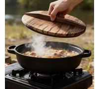 Marmite en fonte Ø 25 cm avec couvercle en bois et doubles poignées – Excellente répartition de la chaleur pour la cuisson, la cuisson à la vapeur et la friture – Compatible avec les plaques à inducti