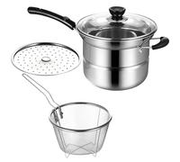 Marmite multifonction en acier inoxydable avec couvercle, ensemble friteuse à bain d’huile, panier à frites, set vapeur 21,6 x 18 x 14 cm, argent, pour cuisson, égouttage et service