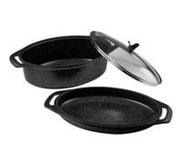 Pradel Excellence - PCUI001028 - Marmite Ovale 3 pièces 39 x 28 cm avec Couvercle Verre - Fonte d’Aluminium - Revêtement Antiadhésif façon Pierre - Maniques Incluses - Tous Feux, Four, Lave-Vaisselle