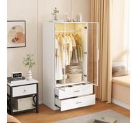 Marooma Armoire moderne blanche avec lumière LED et portes en verre - Penderie à 2 portes - Avec tringle à vêtements et 2 tiroirs - Pour chambre à coucher, dressing et chambre d'enfant (blanc-A, 80 x