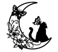 Marooma Décoration Murale en Métal Noir en Forme de Chat - Lune et Chat - Décoration Murale Extérieure Suspendue - Wall Art pour Maison et Jardin