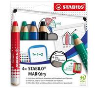 Marqueur effaçable à sec pour tableau blanc et paperboard, pointe conique, STABILO "MARKdry", 4 couleurs différentes, avec chiffon et taille-crayon