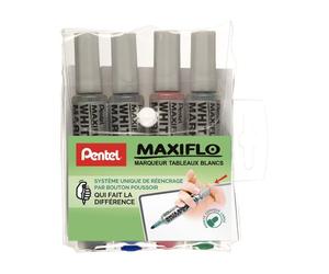 Marqueur effaçable Pentel Maxiflo corps plastique pointe conique 2 à 6 mm rétractable - Pochette de 4