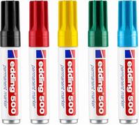 Marqueur permanent edding 500 couleurs de base + noir - Toutes les largeurs de trait pour les petites et grandes inscriptions, imperméable, résistant à l'abrasion, rechargeable, durable grâce au