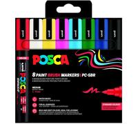 POSCA - Marqueur Brush PC5BR - Pointe Semi-Flexible moyenne 1-4 mm - Peinture Acrylique à Base d'Eau et Pigments - Uni Mitsubishi Pencil - Tout Support - 8 Feutres Couleurs Basiques