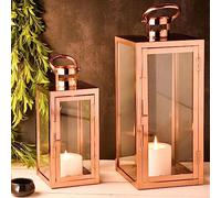 Marrakech Lot de 2 lanternes LED 39 cm et 27,5 cm | Lanternes avec bougie LED alimentées par piles et avec fonction minuterie | Lanterne de jardin pour l'extérieur Marra cuivre moderne comme