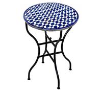 Marrakech : table ronde en mosaïque marocaine, Ø 60 cm, pliable – fabriquée à la main au Maroc | Table de bistrot pour jardin, balcon ou terrasse | Table de jardin en mosaïque « Moro » bleue et blanch