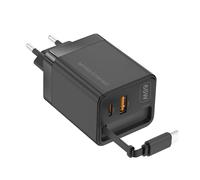 Mars Gaming MD-GAN65R, Chargeur USB-C 65W Ultra-compact, Charge Rapide QC 3.0 et PD 3.0, Technologie GaN, Câble Rétractable Plat 65cm, 9 Protections, Port USB-A et USB-C, Prise Européenne Type C, Noir