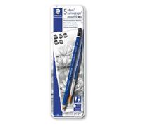 Mars® Lumograph® Aquarell 100a - Boîte Métal 5 Crayons Graphite Aquarellables Assortis (100a-4b-2x6b-2x8b) + 1 Pinceau