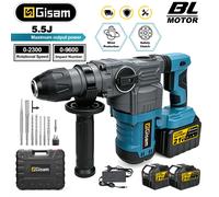 Marteau électrique sans balais Gisam 5.5J, haute puissance, démolition à fort impact, outil rotatif de sculpture, compatible avec batterie Makita 18V. 2 Battery