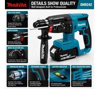 Marteau perforateur rotatif sans fil Makita DHR242 d'origine, moteur sans balais 18V, capacité de perçage du béton de 24 mm, 4700 IPM, fonctionnement à 3 modes, outil électrique professionnel robuste,