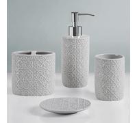 Martha Stewart Ensemble d'accessoires de Salle de Bain en céramique, Organisateur de Rangement pour décoration de Coiffeuse, médaillon damassé en Relief, Distributeur de Lotion/Savon, Porte-Brosse à