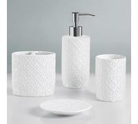 Martha Stewart Ensemble d'accessoires de Salle de Bain en céramique, Organisateur de Rangement pour décoration de Coiffeuse, médaillon damassé en Relief, Distributeur de Lotion/Savon, Porte-Brosse à