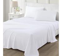 Martha Stewart Parure de draps 4 pièces en Microfibre Douce brossée et lavée, Facile d’Entretien, Poche Jusqu’à 40 cm, 1 Drap Plat, 1 Drap-Housse, 2 taies d'oreiller, lit Queen Size, Blanc et Rose