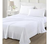 Martha Stewart Parure de draps 4 pièces en Microfibre Ultra Douce brossée et lavée, Facile d’Entretien, Poche Profonde Jusqu’à 40 cm, 1 Drap Plat, 1 Drap-Housse, 2 taies, lit Queen, Blanc Brillant