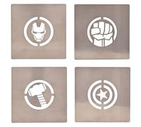 Marvel Avengers Lot de 4 dessous de verre en métal argenté avec symboles emblématiques de super-héros - Dessous de verre modernes avec motifs Iron Man, Thor, Hulk et Captain America