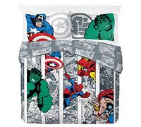 Marvel Avengers Parure de Lit Housse de Couette 2 Personnes, Multicolore | 200x200/50x70 cm, 3 pièces, Produit officiel, 100% coton, motif Comic Cool, réversible, fermeture à boutons, chambre enfant