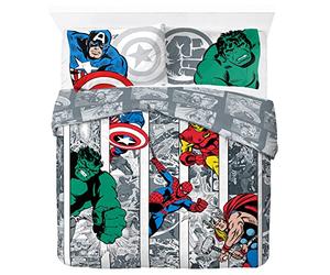 Marvel Comics Comic Cool, Parure de lit Enfant 200x200 cm, 100% Coton, lit 2 Personne - Comprend Housse de Couette & taies d'orieller - Convient aux Lits de 140x190cm à 140x200cm