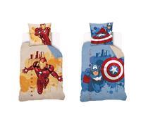 MARVEL - Housse de couette Captain America et Iron Man 140x200 cm - 100% Coton - Bleu et Jaune