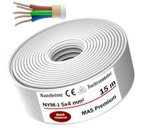 MAS Câble d'alimentation NYM-J de qualité supérieure pour pièces humides, de 5 à 70 m, câble gainé NYM-J 5 x 4 mm², anneau pour pose fixe (15 m)