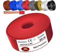 MAS Premium Câble conducteur H07 V-K 4 mm² de 5 à 100 m - Noir, marron, bleu foncé, vert jaune, gris, bleu clair, blanc ou rouge - Fil unique flexible (rouge, 20 m)